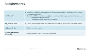 54 © 2015 CA. ALL RIGHTS RESERVED.@CAWORLD #CAWORLD
Requirements
CA NFA Install
• Standalone - Single box with both harvester and console installed on a single vm or physical server
(Windows 2012 R2 Only)
• Distributed - Multi-box with harvester(s) and console installed on separate VMs or physical servers
• Windows 2012 R2 For Console
• Windows 2012 R2 or Redhat 6.7 for Harvester
NFA_Inventory Probe • Local or Remote Probe used to send NFA inventory to UDM for reconciliation with SNMPCollector
NQ_Services Probe • If Multi-tenancy is required
CA UIM 8.2+ with SNMP
Collector 2.1+
• Recommended CA UIM 8.4 with SNMPCollector 3.2
 