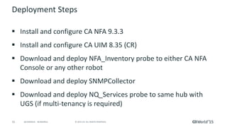 55 © 2015 CA. ALL RIGHTS RESERVED.@CAWORLD #CAWORLD
Deployment Steps
 Install and configure CA NFA 9.3.3
 Install and configure CA UIM 8.35 (CR)
 Download and deploy NFA_Inventory probe to either CA NFA
Console or any other robot
 Download and deploy SNMPCollector
 Download and deploy NQ_Services probe to same hub with
UGS (if multi-tenancy is required)
 