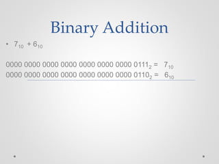 Binary Addition
• 710 + 610
0000 0000 0000 0000 0000 0000 0000 01112 = 710
0000 0000 0000 0000 0000 0000 0000 01102 = 610
 