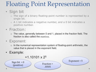Floating Point Representation
• Sign bit
o The sign of a binary floating-point number is represented by a
single bit.
o A 1 bit indicates a negative number, and a 0 bit indicates a
positive number.
• Fraction:
o The value, generally between 0 and 1, placed in the fraction field. The
fraction is also called the mantissa.
• Exponent:
o In the numerical representation system of floating-point arithmetic, the
value that is placed in the exponent field.
• Example:
+1.10101 x 25
Sign bit = 0
(positive)
Fraction =
.10101
Exponent = 5
 