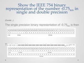 (Contd…)
The single precision binary representation of -0.75ten is then
The double precision representation is
Show the IEEE 754 binary
representation of the number -0.75ten in
single and double precision
 