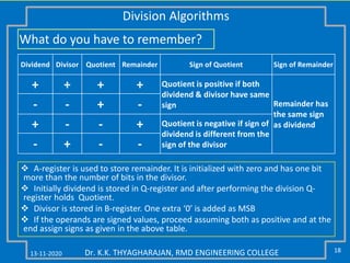 13-11-2020 18Dr. K.K. THYAGHARAJAN, RMD ENGINEERING COLLEGE
Division Algorithms
Dividend Divisor Quotient Remainder Sign of Quotient Sign of Remainder
+ + + + Quotient is positive if both
dividend & divisor have same
sign Remainder has
the same sign
as dividend
- - + -
+ - - + Quotient is negative if sign of
dividend is different from the
sign of the divisor- + - -
What do you have to remember?
 A-register is used to store remainder. It is initialized with zero and has one bit
more than the number of bits in the divisor.
 Initially dividend is stored in Q-register and after performing the division Q-
register holds Quotient.
 Divisor is stored in B-register. One extra ‘0’ is added as MSB
 If the operands are signed values, proceed assuming both as positive and at the
end assign signs as given in the above table.
 