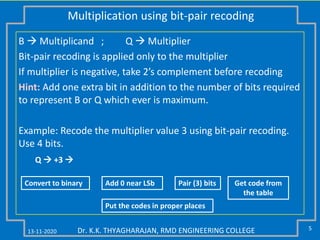 13-11-2020 5Dr. K.K. THYAGHARAJAN, RMD ENGINEERING COLLEGE
Multiplication using bit-pair recoding
B  Multiplicand ; Q  Multiplier
Bit-pair recoding is applied only to the multiplier
If multiplier is negative, take 2’s complement before recoding
Hint: Add one extra bit in addition to the number of bits required
to represent B or Q which ever is maximum.
Example: Recode the multiplier value 3 using bit-pair recoding.
Use 4 bits.
Convert to binary Add 0 near LSb Pair (3) bits Get code from
the table
Put the codes in proper places
Q  +3 
 