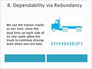 We use the tractor-trailer
as our icon, since the
dual tires on each side of
its rear axels allow the
truck to continue driving
even when one tire fails.
 