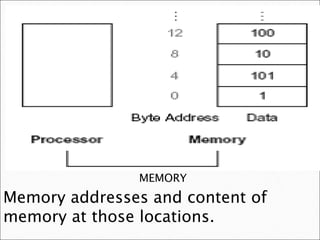 MEMORY
Memory addresses and content of
memory at those locations.
 