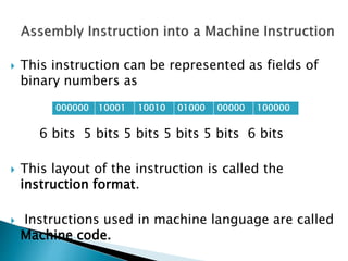  This instruction can be represented as fields of
binary numbers as
6 bits 5 bits 5 bits 5 bits 5 bits 6 bits
 This layout of the instruction is called the
instruction format.
 Instructions used in machine language are called
Machine code.
000000 10001 10010 01000 00000 100000
 