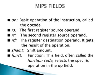 ■ op: Basic operation of the instruction, called
the opcode.
■ rs: The first register source operand.
■ rt: The second register source operand.
■ rd: The register destination operand. It gets
the result of the operation.
■ shamt: Shift amount.
■ funct: Function. This field, often called the
function code, selects the specific
 operation in the op field.
 