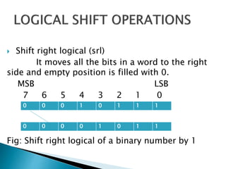  Shift right logical (srl)
It moves all the bits in a word to the right
side and empty position is filled with 0.
MSB LSB
7 6 5 4 3 2 1 0
Fig: Shift right logical of a binary number by 1
0 0 0 1 0 1 1 1
0 0 0 0 1 0 1 1
 