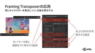 Framing Transposerの応用
常にキャラクターを表示しつつ、対象を表示する
プレイヤーを常に
 
画面左下に表示する設定
右上に巨大ロボを
 
表示する設定
ターゲットココに表示するようにAimを調整
キャラでココに表示されるようにBodyを調整
 
