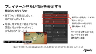 プレイヤーが見たい情報を表示する
移動先の地形を見たい
カメラが被写体を追う速度
 
青い枠で影響する値
 
値を低めに設定
被写体の移動先にカメラを
 
動かす設定と、
 
目標位置への到達速度
 
値を高めに設定
&bull; 被写体の移動速度に応じて
 
カメラが先回りする


&bull; 急停止等で急激に変化するのを
 
回避するためSmoothingで
 
変化をまろやかにする
カメラの中心点がプレイヤーの移動先になる
※脳が予測できないカメラの急激な変化は酔うので、高速移動からの急停止がある場合はコレをしないのも手
 
