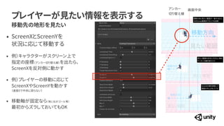 プレイヤーが見たい情報を表示する
移動先の地形を見たい
&bull; ScreenXとScreenYを
 
状況に応じて移動する


&bull; 例）キャラクターがスクリーン上で
 
指定の座標（アンカー切り替え線）を出たら、
ScreenXを反対側に動かす


&bull; 例）プレイヤーの移動に応じて
 
ScreenXやScreenYを動かす
 
（速度0で中央に戻らない）


&bull; 移動軸が固定なら（常に右がゴール等）
 
最初からズラしておいてもOK
画面中央
アンカー
 
切り替え線
見たい範囲
見たい範囲
見たい範囲
移動方向
移動方向
移動方向
見たい範囲の反対に行きたい場合


アンカーの線を超えたら
ScrenXの値を更新して
 
画面の中心点をズラす
移動方向と見たい範囲が一致するなら、


SoftZonoe範囲内でキャラを追跡
 