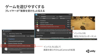 ゲームを遊びやすくする
プレイヤーが「衝撃を受けた」と伝える
インパルスを
 
発生させるコンポーネント
インパルスに応じて
 
画面を揺らすVirtualCameraの拡張
GetComponent<Cinemachine.CinemachineImpulseSource>().GenerateImpulse();


 