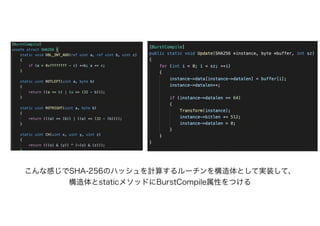 こんな感じでSHA-256のハッシュを計算するルーチンを構造体として実装して、
構造体とstaticメソッドにBurstCompile属性をつける
 