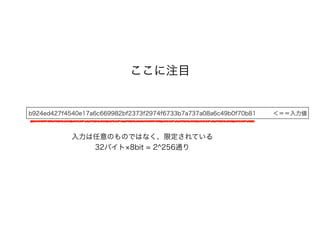 ここに注目
入力は任意のものではなく、限定されている
32バイト 8bit = 2^256通り
 