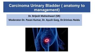 Carcinoma Urinary Bladder ( anatomy to
management)
Dr. Brijesh Maheshwari (SR)
Moderator-Dr. Pavan Kumar, Dr. Ayush Garg, Dr.Srinivas Naidu
 