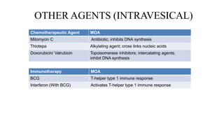 OTHER AGENTS (INTRAVESICAL)
Chemotherapeutic Agent MOA
Mitomycin C Antibiotic; inhibits DNA synthesis
Thiotepa Alkylating agent; cross links nucleic acids
Doxorubicin/ Valrubicin Topoisomerase inhibitors; intercalating agents;
inhibit DNA synthesis
Immunotherapy MOA
BCG T-helper type 1 immune response
Interferon (With BCG) Activates T-helper type 1 immune response
 