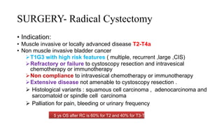 SURGERY- Radical Cystectomy
• Indication:
• Muscle invasive or locally advanced disease T2-T4a
• Non muscle invasive bladder cancer
T1G3 with high risk features ( multiple, recurrent ,large ,CIS)
Refractory or failure to cystoscopy resection and intravesical
chemotherapy or immunotherapy
Non compliance to intravesical chemotherapy or immunotherapy
Extensive disease not amenable to cystoscopy resection .
 Histological variants : squamous cell carcinoma , adenocarcinoma and
sarcomatoid or spindle cell carcinoma
 Palliation for pain, bleeding or urinary frequency
5 ys OS after RC is 60% for T2 and 40% for T3-T4a
 