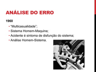 ANÁLISE DO ERRO
1960
 • “Multicasualidade”;
 • Sistema Homem-Maquina;
 • Acidente é sintoma de disfunção do sistema;
 • Análise Homem-Sistema.
 