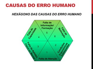 CAUSAS DO ERRO HUMANO
 HEXÁGONO DAS CAUSAS DO ERRO HUMANO

                   Falta de
                 Informação/
                  Formação

                     5
             4                 6


                               2
             3

                     1

              Falta de Atenção
 