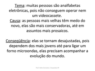 Tema : muitas pessoas são analfabetas eletrônicas, pois não conseguem operar nem um videocassete.  Causa : as pessoas mais velhas têm medo do novo, elas são mais conservadoras, até em assuntos mais prosaicos. Conseqüência : elas se tornam desajustadas, pois dependem dos mais jovens até para ligar um forno microondas, elas precisam acompanhar a evolução do mundo. Prof. Hélio Consolaro -Araçatuba-SP 