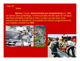 Caso 22 
Efeito 
Menino, 5 anos, desencarnado por atropelamento,em 1980, 
na rodovia Guarujá-Bertioga, no litoral paulista,minutos após ter entregue 
três flores silvestres amarelas à mãe e a cada uma das duas irmãs 
menores,visto ter descido do carro parado em intenso congestionamento 
que impedia o trânsito fluir.(RA) 
 