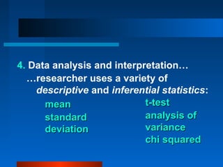 4. Data analysis and interpretation…
  …researcher uses a variety of
    descriptive and inferential statistics:
      mean                  t-test
      standard              analysis of
      deviation             variance
                            chi squared
 