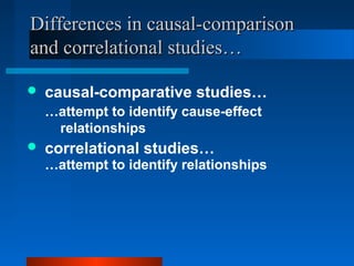Differences in causal-comparison
and correlational studies…

   causal-comparative studies…
    …attempt to identify cause-effect
     relationships
   correlational studies…
    …attempt to identify relationships
 