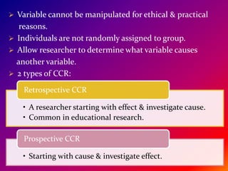  Variable cannot be manipulated for ethical & practical
reasons.
 Individuals are not randomly assigned to group.
 Allow researcher to determine what variable causes
another variable.
 2 types of CCR:
• A researcher starting with effect & investigate cause.
• Common in educational research.
Retrospective CCR
• Starting with cause & investigate effect.
Prospective CCR
 