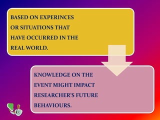 BASED ON EXPERINCES
OR SITUATIONS THAT
HAVE OCCURRED IN THE
REAL WORLD.
KNOWLEDGE ON THE
EVENT MIGHT IMPACT
RESEARCHER’S FUTURE
BEHAVIOURS.
 