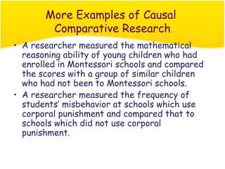 More Examples of Causal
        Comparative Research
• A researcher measured the mathematical
  reasoning ability of young children who had
  enrolled in Montessori schools and compared
  the scores with a group of similar children
  who had not been to Montessori schools.
• A researcher measured the frequency of
  students’ misbehavior at schools which use
  corporal punishment and compared that to
  schools which did not use corporal
  punishment.
 