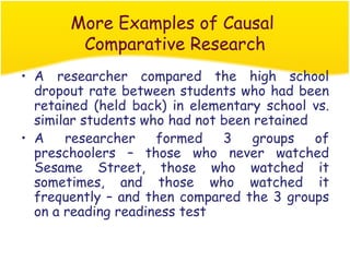 More Examples of Causal
        Comparative Research
• A researcher compared the high school
  dropout rate between students who had been
  retained (held back) in elementary school vs.
  similar students who had not been retained
• A    researcher    formed    3    groups   of
  preschoolers – those who never watched
  Sesame Street, those who watched it
  sometimes, and those who watched it
  frequently – and then compared the 3 groups
  on a reading readiness test
 