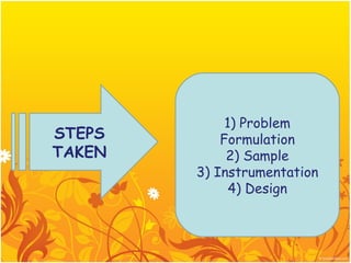 1) Problem
STEPS       Formulation
TAKEN        2) Sample
        3) Instrumentation
              4) Design
 