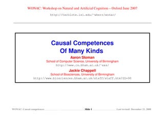 WONAC: Workshop on Natural and Artiﬁcial Cognition – Oxford June 2007
                              http://tecolote.isi.edu/∼wkerr/wonac/




                               Causal Competences
                                 Of Many Kinds
                                             Aaron Sloman
                            School of Computer Science, University of Birmingham
                                  http://www.cs.bham.ac.uk/∼axs/
                                            Jackie Chappell
                          School of Biosciences, University of Birmingham
                http://www.biosciences.bham.ac.uk/staff/staff.htm?ID=90




WONAC: Causal competences                              Slide 1                Last revised: December 21, 2008
 