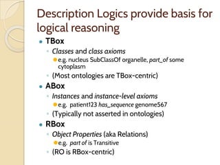 Description Logics provide basis for
logical reasoning
● TBox
◦ Classes and class axioms
⚫e.g. nucleus SubClassOf organelle, part_of some
cytoplasm
◦ (Most ontologies are TBox-centric)
● ABox
◦ Instances and instance-level axioms
⚫e.g. patient123 has_sequence genome567
◦ (Typically not asserted in ontologies)
● RBox
◦ Object Properties (aka Relations)
⚫e.g. part of is Transitive
◦ (RO is RBox-centric)
 