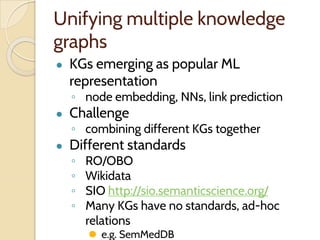 Unifying multiple knowledge
graphs
● KGs emerging as popular ML
representation
◦ node embedding, NNs, link prediction
● Challenge
◦ combining different KGs together
● Different standards
◦ RO/OBO
◦ Wikidata
◦ SIO http://sio.semanticscience.org/
◦ Many KGs have no standards, ad-hoc
relations
⚫ e.g. SemMedDB
 
