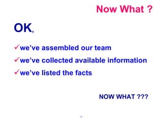 Now What ? OK , we’ve assembled our team we’ve collected available information we’ve listed the facts NOW WHAT ??? 