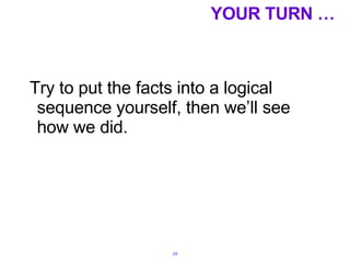 YOUR TURN … Try to put the facts into a logical sequence yourself, then we’ll see how we did. 
