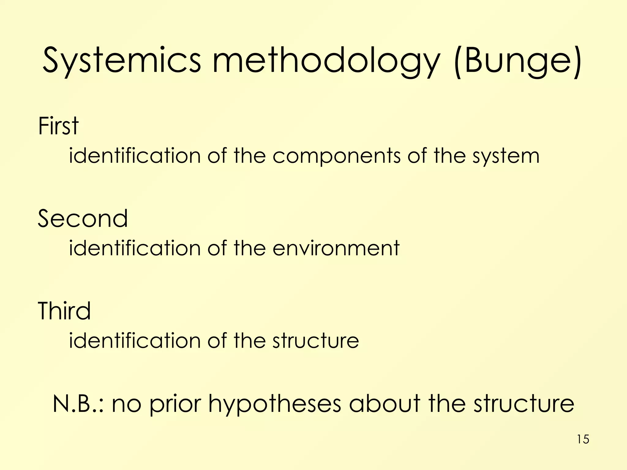 Systemics methodology (Bunge) First identification of the components of the system Second identification of the environment Third identification of the structure N.B.: no prior hypotheses about the structure 