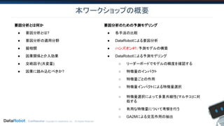 Confidential. Copyright © DataRobot, Inc. - All Rights Reserved
本ワークショップの概要
要因分析とは何か
● 要因分析とは?
● 要因分析の適用分野
● 擬相関
● 因果関係と介入効果
● 交絡因子(共変量)
● 因果に踏み込むべきか?
要因分析のための予測モデリング
● 各手法の比較
● DataRobotによる要因分析
● ハンズオン#1：予測モデルの構築
● DataRobotによる予測モデリング
○ リーダーボードでモデルの精度を確認する
○ 特徴量のインパクト
○ 特徴量ごとの作用
○ 特徴量インパクトによる特徴量選択
○ 特徴量選択によって多重共線性(マルチコ)に対
処する
○ 有用な特徴量について考察を行う
○ GA2Mによる交互作用の抽出
 