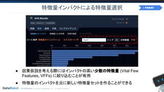 Confidential. Copyright © DataRobot, Inc. - All Rights Reserved
特徴量インパクトによる特徴量選択
● 因果仮説を考える際にはインパクトの高い少数の特徴量 (Vital Few
Features, VFFs) に絞り込むことが有用
● 特徴量のインパクトを元に新しい特徴量セットを作ることができる
2. 特徴量選択
 