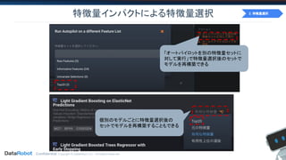 Confidential. Copyright © DataRobot, Inc. - All Rights Reserved
特徴量インパクトによる特徴量選択
「オートパイロットを別の特徴量セットに
対して実行」で特徴量選択後のセットで
モデルを再構築できる
個別のモデルごとに特徴量選択後の
セットでモデルを再構築することもできる
2. 特徴量選択
 