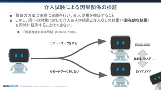Confidential. Copyright © DataRobot, Inc. - All Rights Reserved
介入試験による因果関係の検証
■ 最良の方法は実際に実験を行い、介入効果を検証すること
■ しかし、同一の対象に対して介入ありの結果と介入なしの結果（=潜在的な結果）
を同時に観測することはできない。
◆ 「因果推論の根本問題」 (Holand, 1986)
リモートワークをしない
リモートワークをする $XXX,XXX
$YYY,YYY
比較したいが…
 