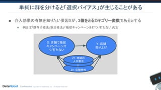 Confidential. Copyright © DataRobot, Inc. - All Rights Reserved
単純に群を分けると「選択バイアス」が生じることがある
■ 介入効果の有無を知りたい要因Xが、2値をとるカテゴリー変数であるとする
◆ 例えば「既存治療法 /新治療法」「販促キャンペーンを打つ /打たない」など　
Zn：店舗特性
X：店舗で販促
キャンペーン打
つ/打たない
Y：店舗
売り上げ要因
Z1：地域の
人口割合
…
 