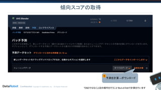 Confidential. Copyright © DataRobot, Inc. - All Rights Reserved
傾向スコアの取得
　予測を計算→ダウンロード
1
*D&Dではなく上記の操作を行うことでout-of-foldで計算を行います
 