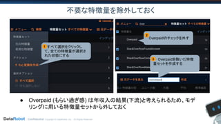 Confidential. Copyright © DataRobot, Inc. - All Rights Reserved
不要な特徴量を除外しておく
　すべて選択をクリックし
て、全ての特徴量が選択さ
れた状態にする
1
　Overpaidのチェックを外す
2
　　Overpaidを除いた特徴
量セットを作成する
3
● Overpaid (もらい過ぎ感) は年収入の結果(下流)と考えられるため、モデ
リングに用いる特徴量セットから外しておく
 