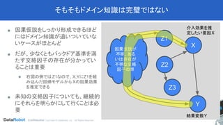 Confidential. CopYright © DataRobot, Inc. - All Rights Reserved
そもそもドメイン知識は完璧ではない
■ 因果仮説をしっかり形成できるほど
にはドメイン知識が追いついていな
いケースがほとんど
■ だが、少なくともバックドア基準を満
たす交絡因子の存在が分かってい
ることは重要
◆ 右図の例ではZ1なので、X,YにZ1を組
み込んだ回帰モデルから Xの因果効果
を推定できる
■ 未知の交絡因子についても、継続的
にそれらを明らかにして行くことは必
要
X
Y
Z2
Z3
Z1
介入効果を推
定したい要因X
結果変数Y
因果仮説が
不明、ある
いは存在が
不明な交絡
因子の群
 