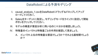 Confidential. Copyright © DataRobot, Inc. - All Rights Reserved
DataRobotによる予測モデリング
I. causal_analysis_1.csvをDataRobotにドラッ...