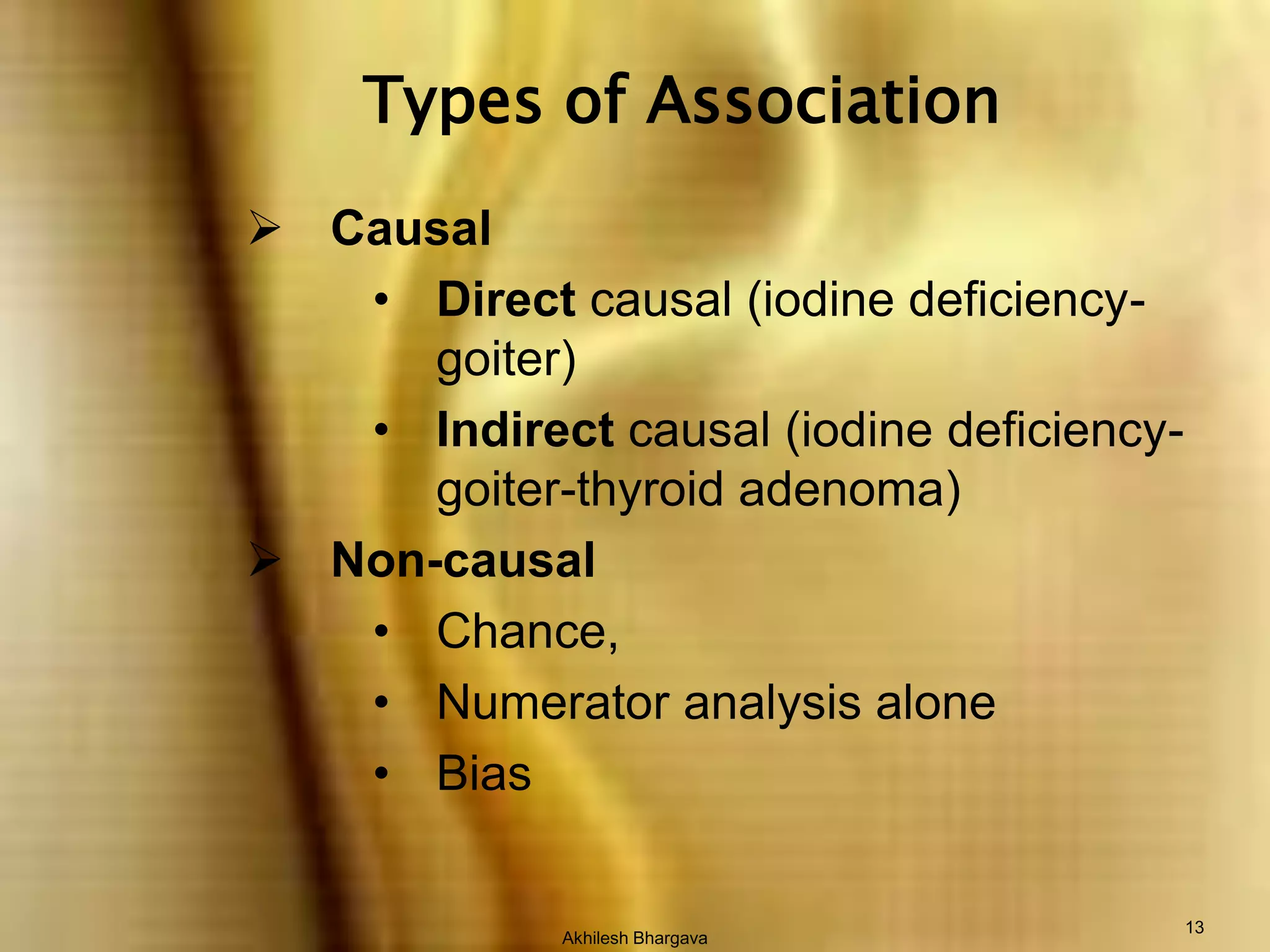 Akhilesh Bhargava13Types of AssociationCausalDirect causal (iodine deficiency-goiter)Indirect causal (iodine deficiency-goiter-thyroid adenoma)Non-causalChance, Numerator analysis alone Bias 