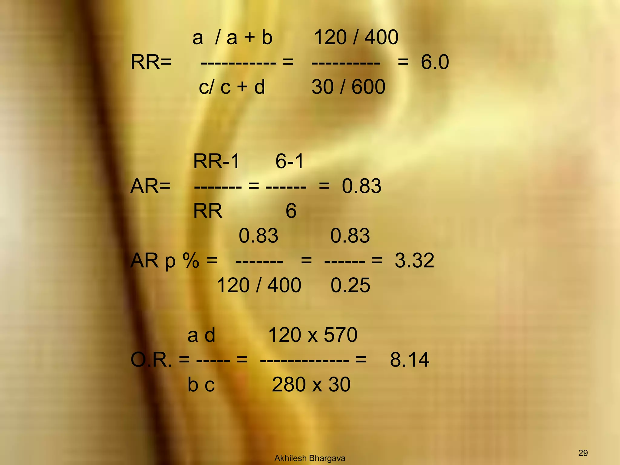 Akhilesh Bhargava29a  / a + b       120 / 400RR=     ----------- =   ----------   =  6.0            c/ c + d        30 / 600           RR-1      6-1AR=    ------- = ------  =  0.83           RR           6                   0.83         0.83AR p % =   -------   =  ------ =  3.32               120 / 400     0.25          a d         120 x 570O.R. = ----- =  ------------- =    8.14          b c          280 x 30