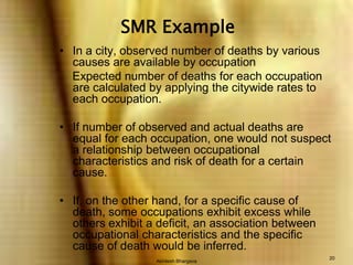 Akhilesh Bhargava20SMR ExampleIn a city, observed number of deaths by various causes are available by occupation    Expected number of deaths for each occupation are calculated by applying the citywide rates to each occupation.If number of observed and actual deaths are equal for each occupation, one would not suspect a relationship between occupational characteristics and risk of death for a certain cause.If, on the other hand, for a specific cause of death, some occupations exhibit excess while others exhibit a deficit, an association between occupational characteristics and the specific cause of death would be inferred.